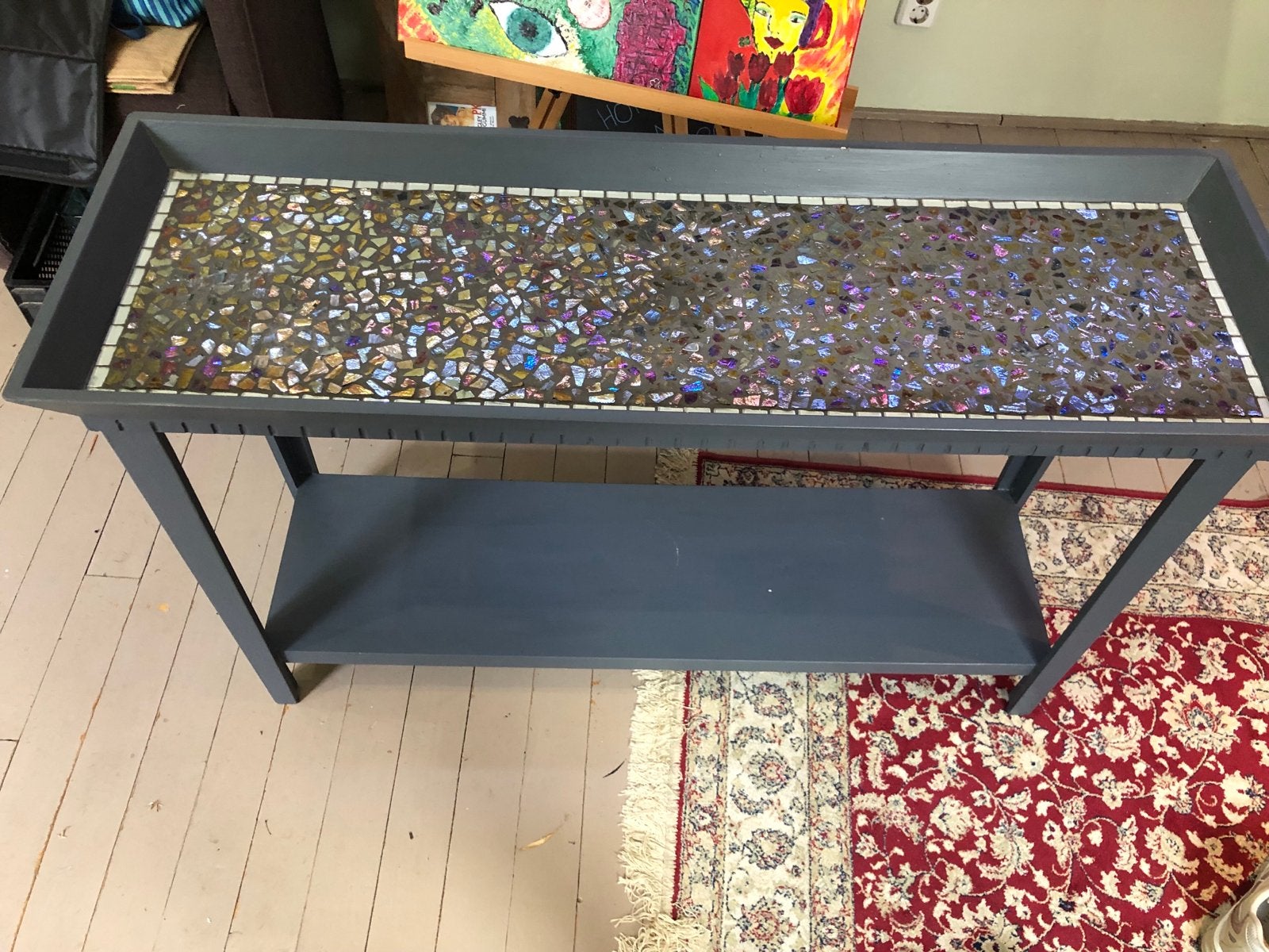 Unieke handgemaakte sidetable met mozaïek blad, Ophalen, Overige materialen, Gebruikt, 75 cm of meer
