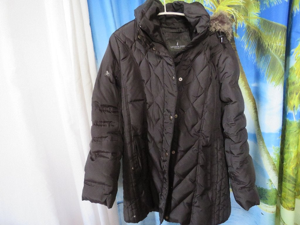 Langere zwarte  dons en veren jas  L London Fog , Maat 38/40 (M), Zwart, Ophalen of Verzenden, London fog