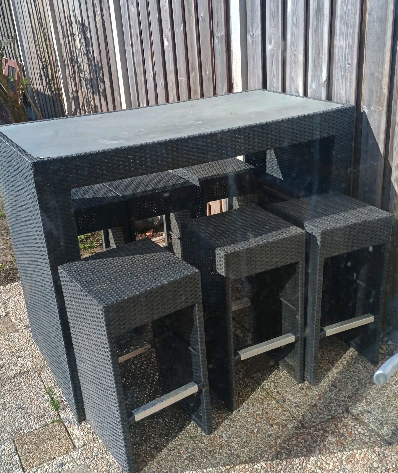 6 Wicker barkrukken met bartafel, Gebruikt, 6 zitplaatsen, Ophalen of Verzenden, Wicker