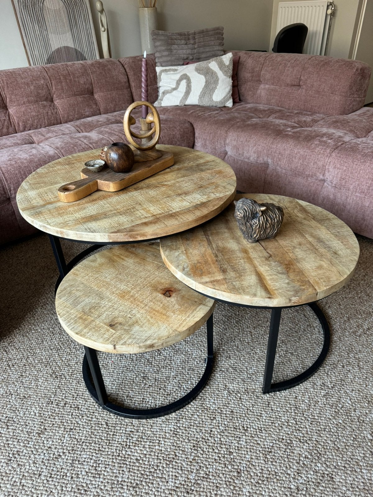 Mango houten salontafel set 3- delig, Huis en Inrichting, Ophalen, Zo goed als nieuw, Rond, 50 tot 100 cm