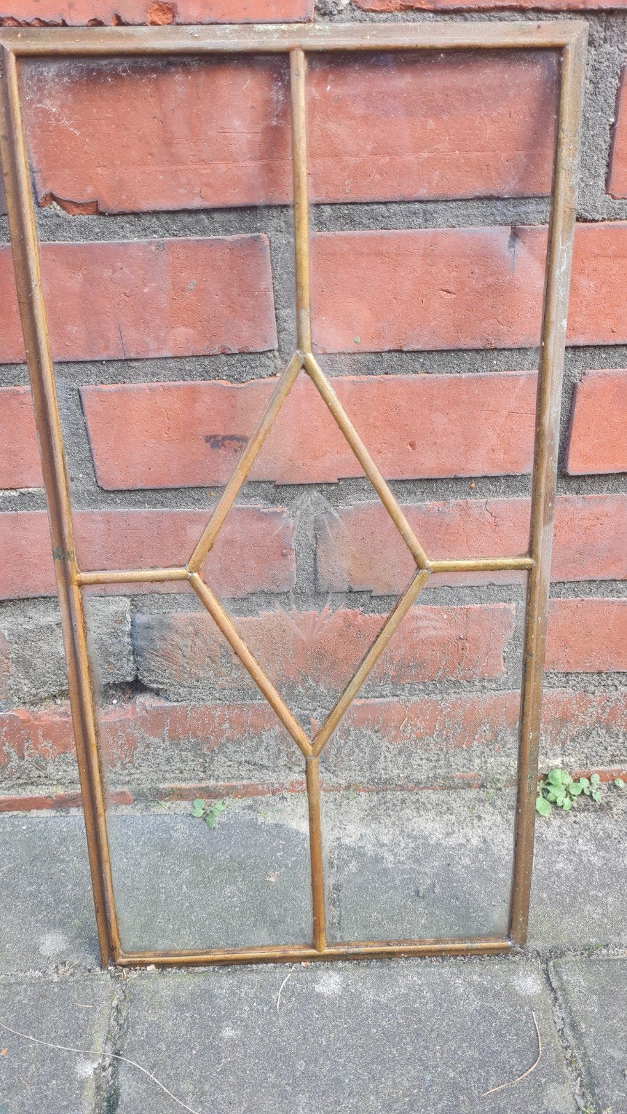 Oud glas in messing/koper raam met geslepen glas ca 21 x 42, Ophalen, Gevelraam of Ruit, Gebruikt, Minder dan 80 cm