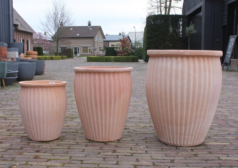 Ronde terracotta bloempotten Ribbel 3 maten terras tuin, Tuin en Terras, Bloempotten, Ophalen, 40 cm of meer, Rond, Nieuw