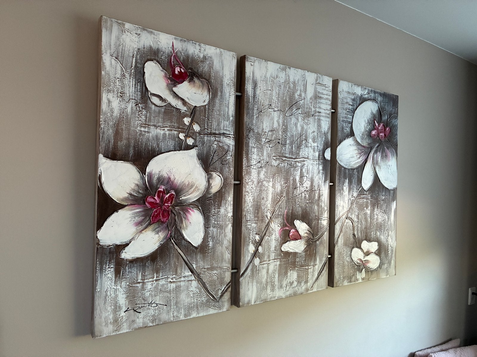 Gekoppeld schilderij - 3 stuks met bloemen, 157x50 cm, Antiek en Kunst, Kunst | Schilderijen | Modern, Ophalen, Acrylverf, Handgeschilderd