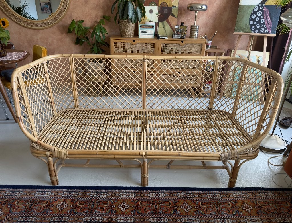 Originele handgemaakte bamboe rotan bank uit Bali, 150 tot 200 cm, Driepersoons, Ophalen of Verzenden, Zo goed als nieuw