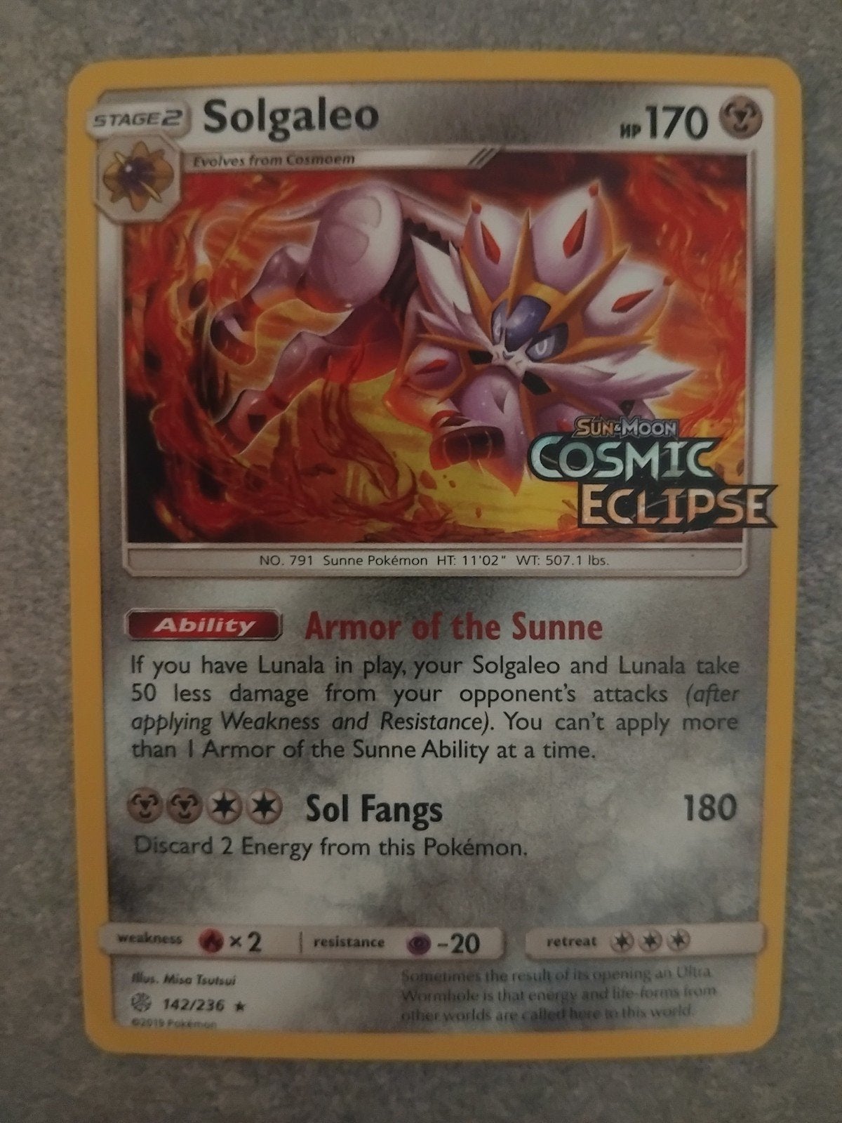 Solgaleo 142/236 Cosmic Eclipse Pokémon stamped Kaart, Ophalen of Verzenden, Zo goed als nieuw, Losse kaart