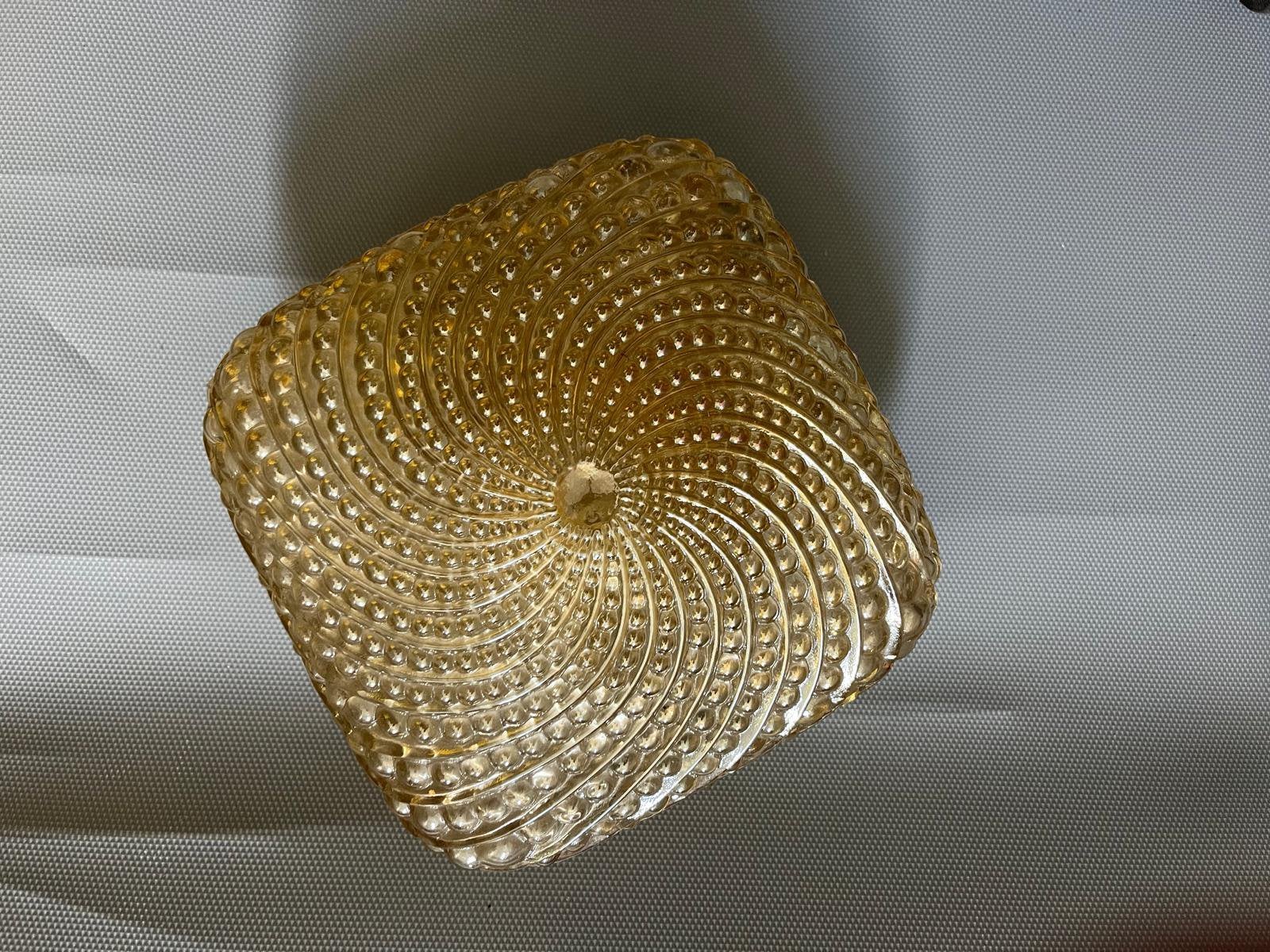 Vintage plafonnièrre met amberkleurig glas / bubbelpatroon, Huis en Inrichting, Ophalen of Verzenden, Gebruikt, Glas