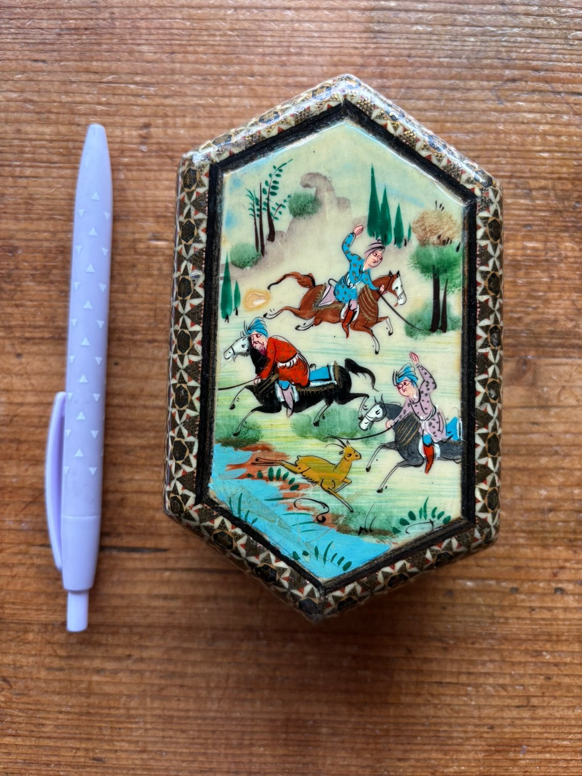 Khatam Kari vintage zeshoekig opbergdoosje, Ophalen of Verzenden