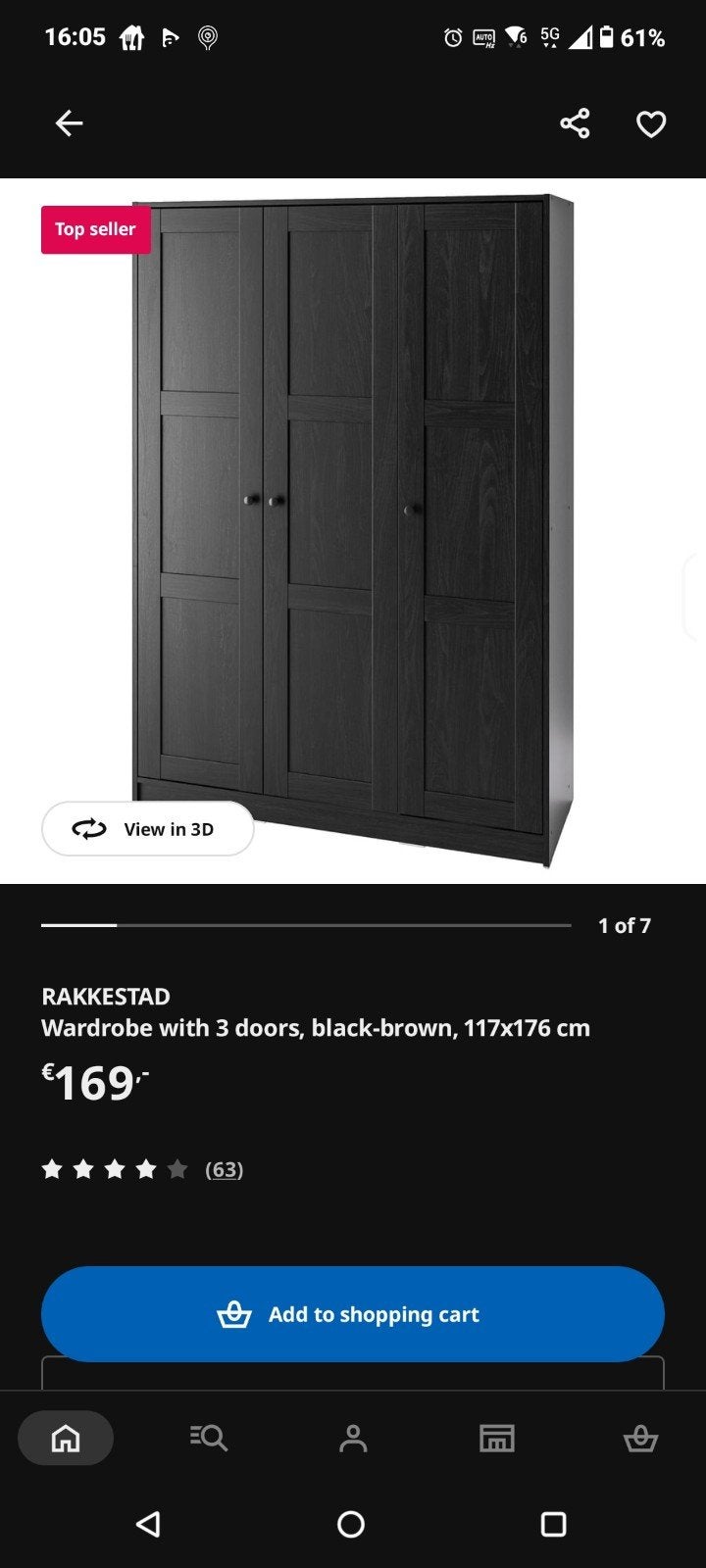 IKEA RAKKESTAD Kledingkast met 3 deuren, zwartbruin, Huis en Inrichting, Ophalen, Met deur(en), 100 tot 150 cm, Zo goed als nieuw