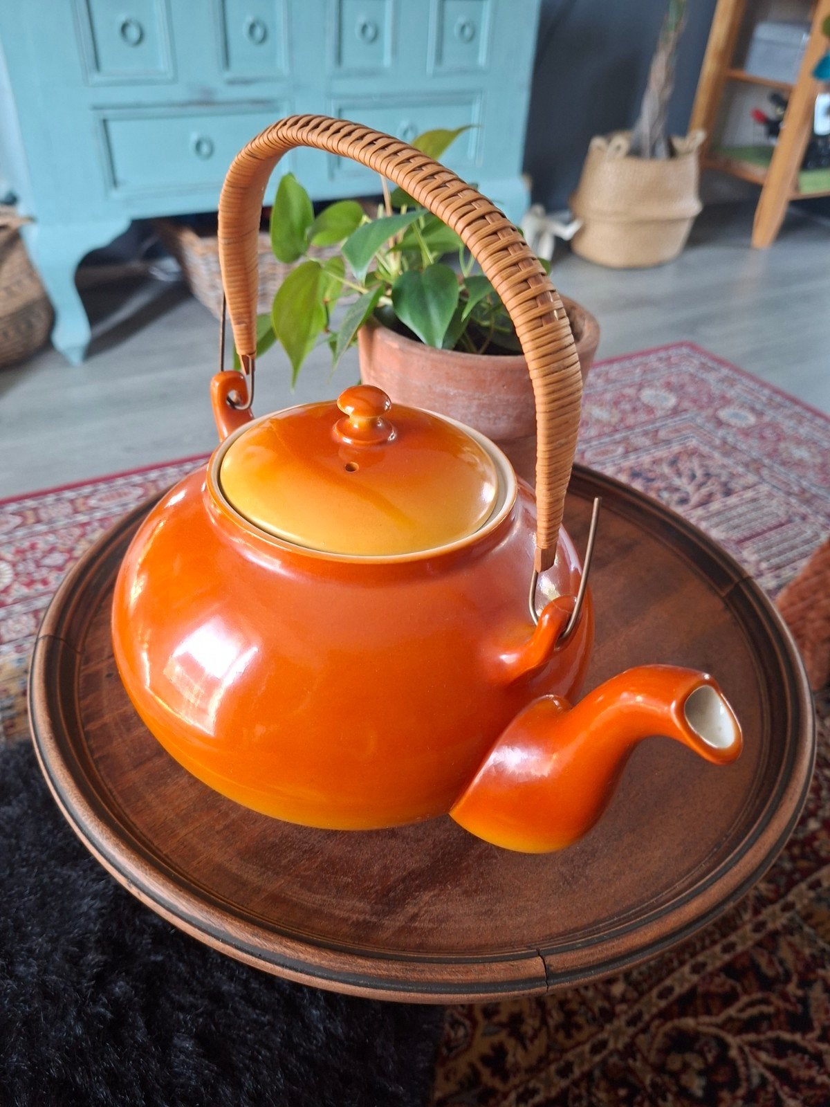 Vintage Oranje Theepot met Rotan Handvat - Parafeu Holland, Ophalen of Verzenden