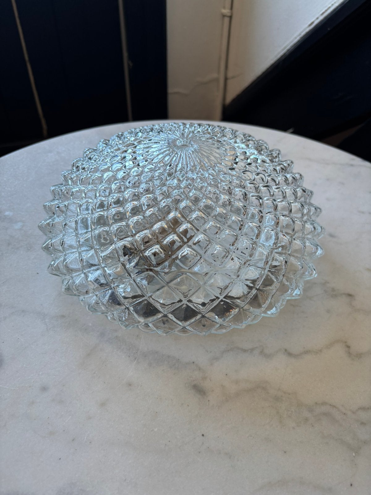 Vintage ronde plafoniere diamant driehoek bloem glazen lamp, Ophalen of Verzenden, Zo goed als nieuw, Glas