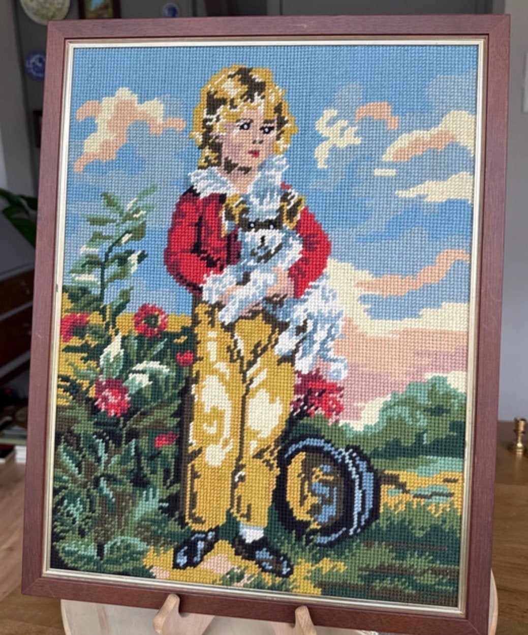 Vintage Gobelin borduurwerk Jongen met Hond 33x43 cm, Portret of Personen, Ophalen of Verzenden, Ingelijst, Vintage
