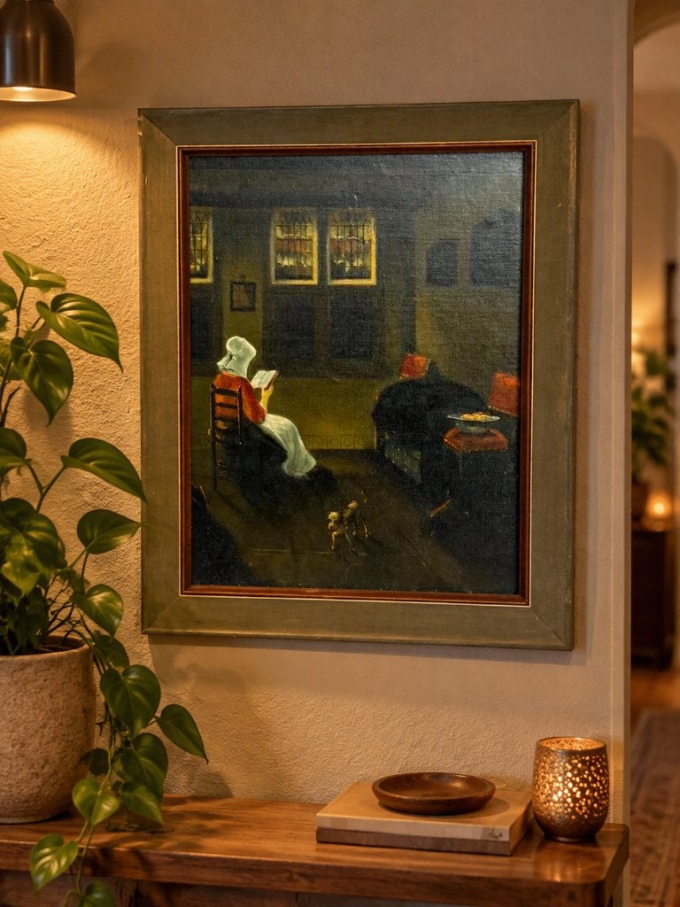 Vintage schilderij 'Lezende Vrouw' (naar P.J. Elinga), Antiek en Kunst, Doek, Portret of Personen, Ophalen of Verzenden, Handgeschilderd