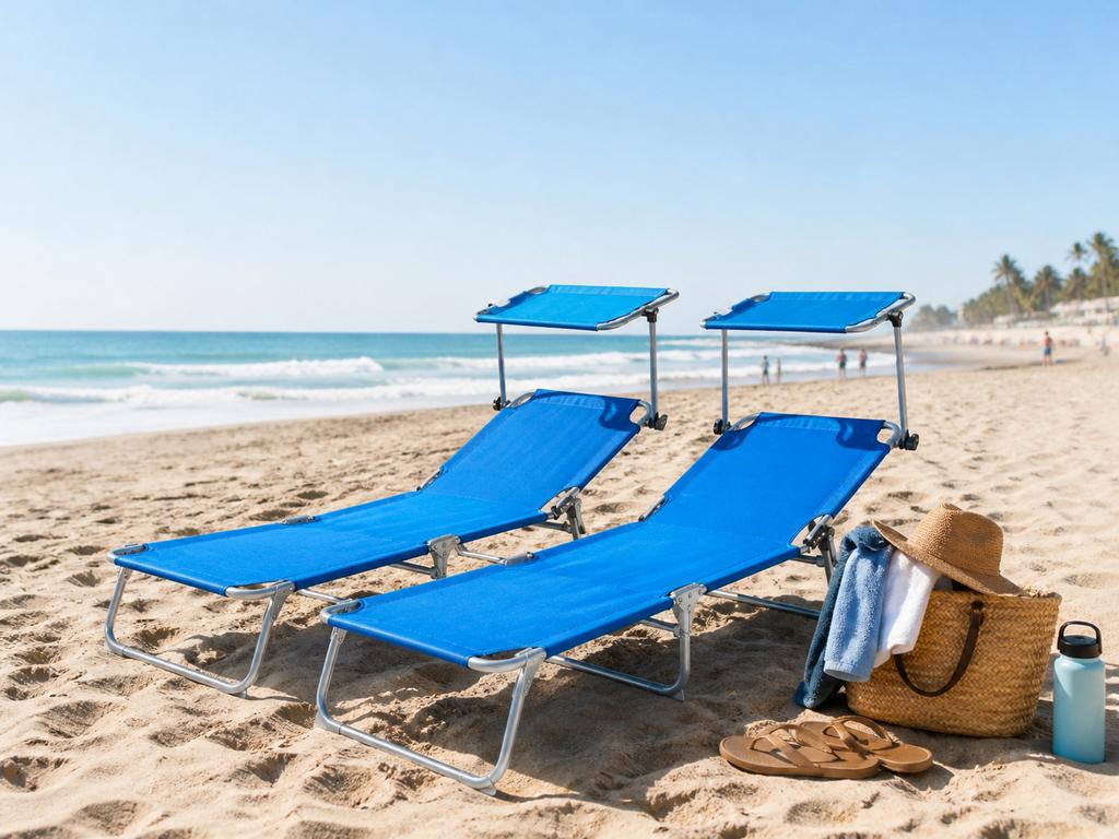 Twee Blauwe tuin/strand ligbedjes met zonneluifel., Ophalen, Zo goed als nieuw, Verstelbaar