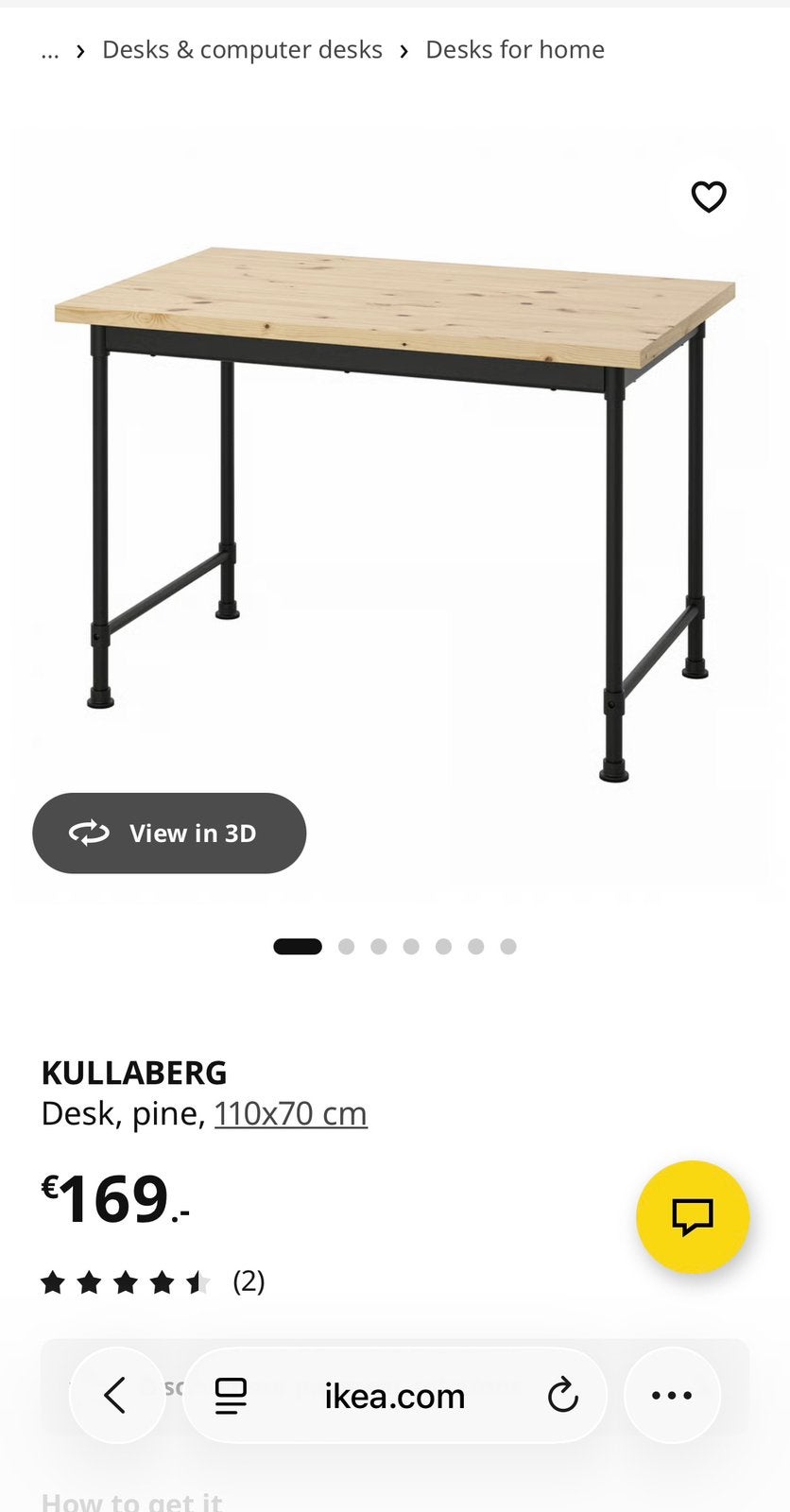 IKEA KULLABERG bureau/tafel, Huis en Inrichting, Tafels | Eettafels, Ophalen, Gebruikt, 100 tot 150 cm, Tot twee personen