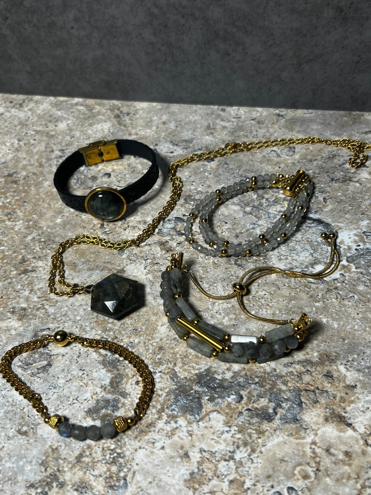 Labradoriet Gouden Rvs Sieraden - ketting en armbanden, Verzenden, Zo goed als nieuw, Goud, Overige materialen