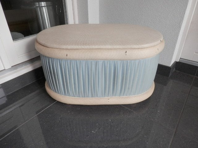 Vintage opbergbox/poef retro voor op slaapkamer ??, Ophalen, Gebruikt, Blauw, Brocante