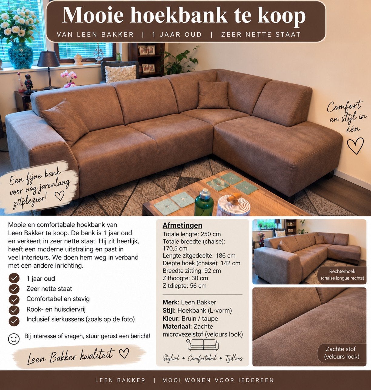 Mooie Leen Bakker hoekbank, 1 jaar oud, zeer nette staat, Ophalen, Zo goed als nieuw, 150 cm of meer, Vierpersoons of meer