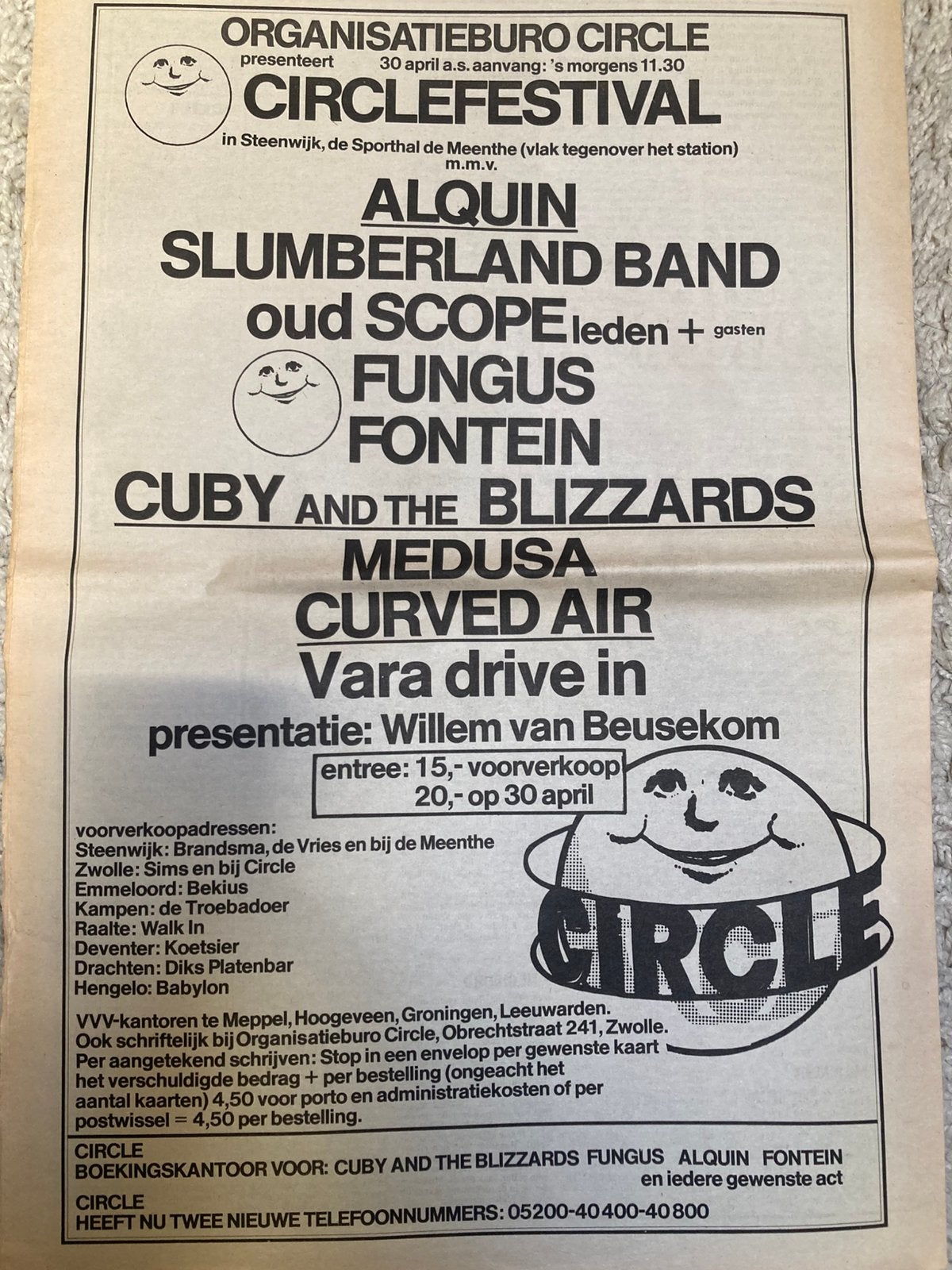Paginagrote A3 adverten Circle Festival Steenwijk 1976 CUBY, Cd's en Dvd's, Ophalen of Verzenden