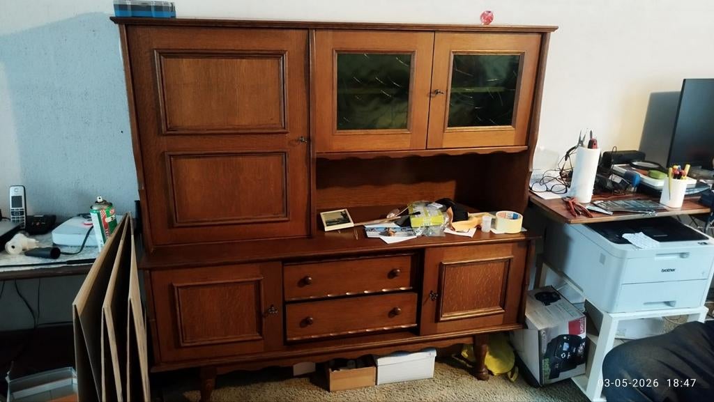 Vintage eikenhouten buffetkast met glas en lades, Ophalen, Glas, Gebruikt, Vintage, Klassiek
