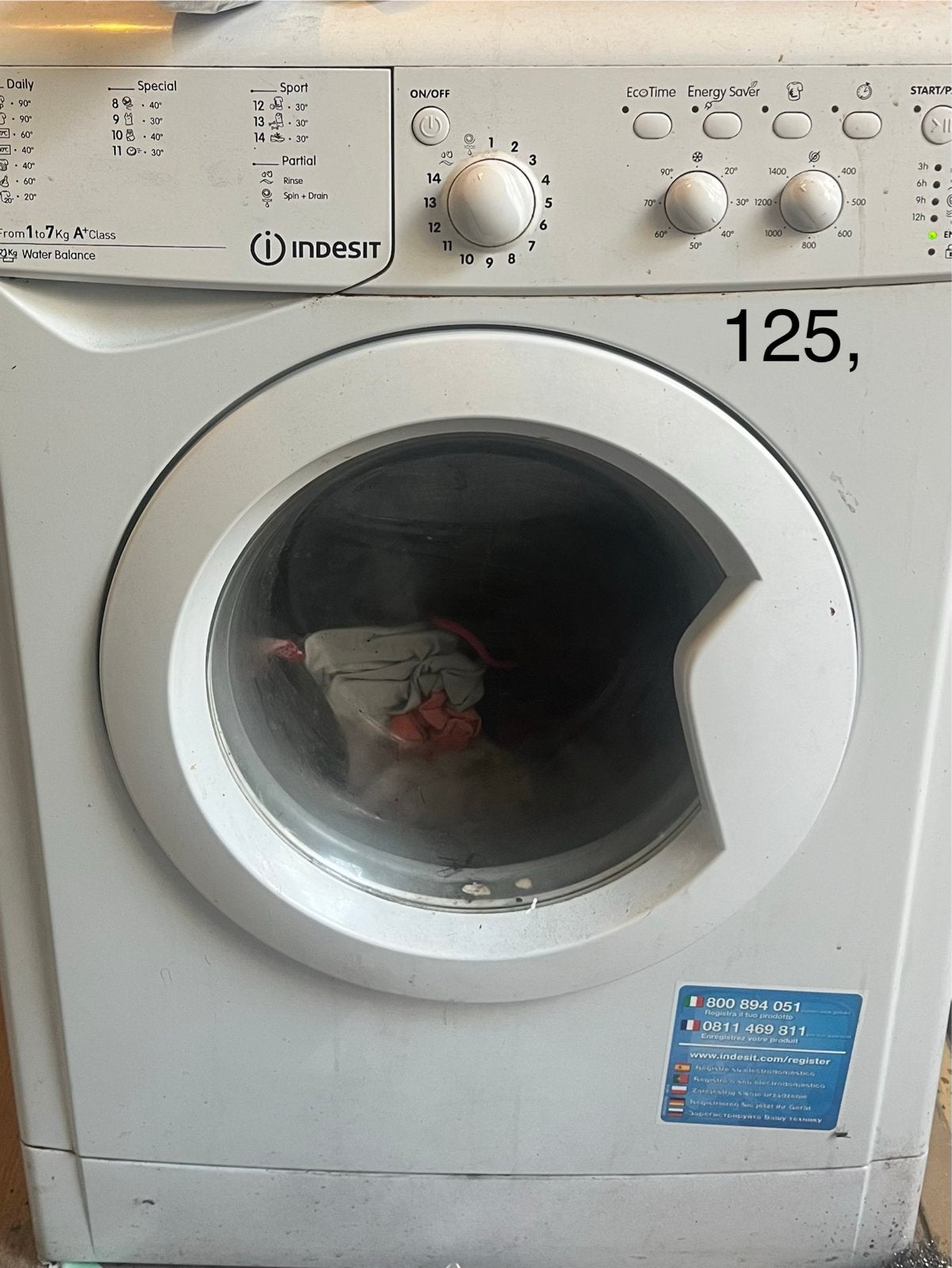 Indesit Wasmachine 7kg A+ Klasse - Goede Staat, Ophalen, 6 tot 8 kg, 85 tot 90 cm, Minder dan 1200 toeren