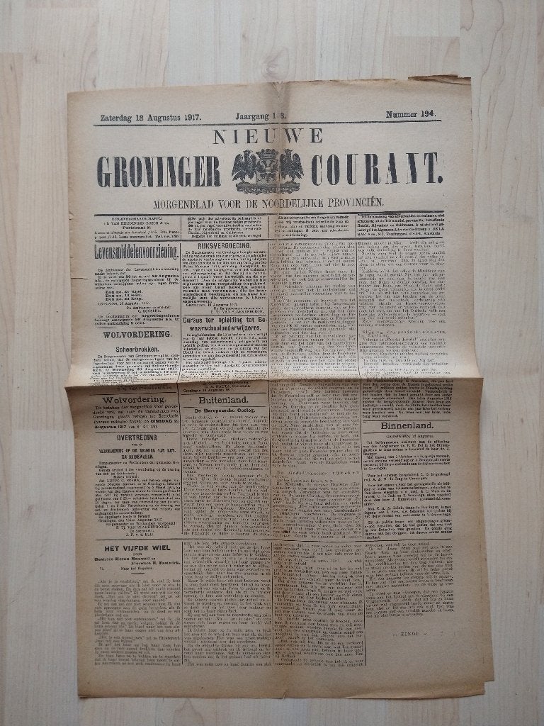 Nieuwe Groninger Courant. Zaterdag 18 augustus 1917, Ophalen of Verzenden, Zo goed als nieuw, Muziek, Film of Tv