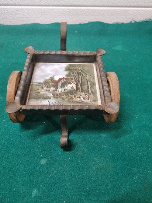 Asbak kar retro smeedijzer hout met beschilderde tegel, Huis en Inrichting, Ophalen of Verzenden, 'T Olde Gre-j, Info@toldegrej.nl