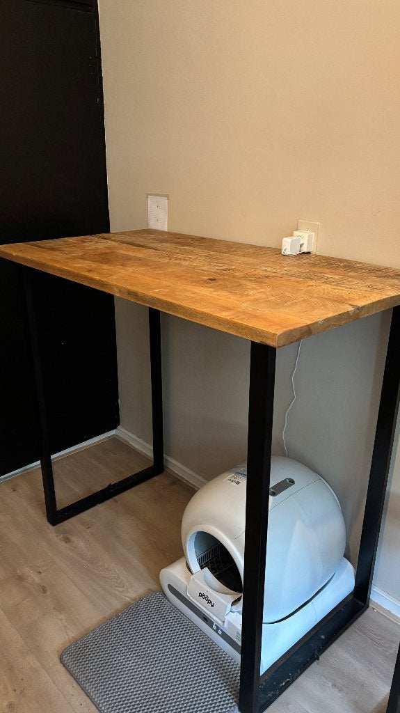 Hoge industriële bartafel mangohout, Ophalen, Gebruikt, 50 tot 100 cm, 100 tot 150 cm