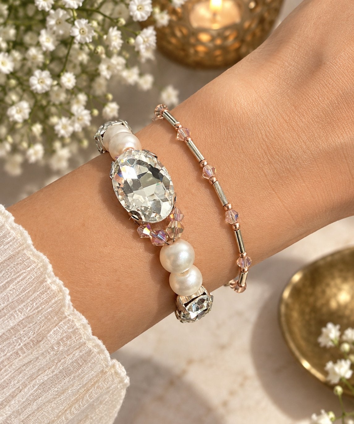 Handgemaakte armbanden set | lichtroze parels, Overige materialen, Nieuw, Ophalen of Verzenden, Roze