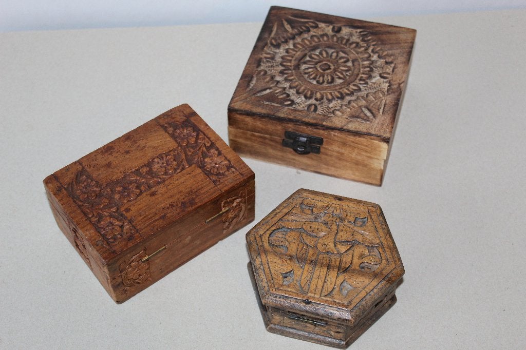 Set van 3 Houten Juwelenkistjes met Snijwerk, Ophalen of Verzenden