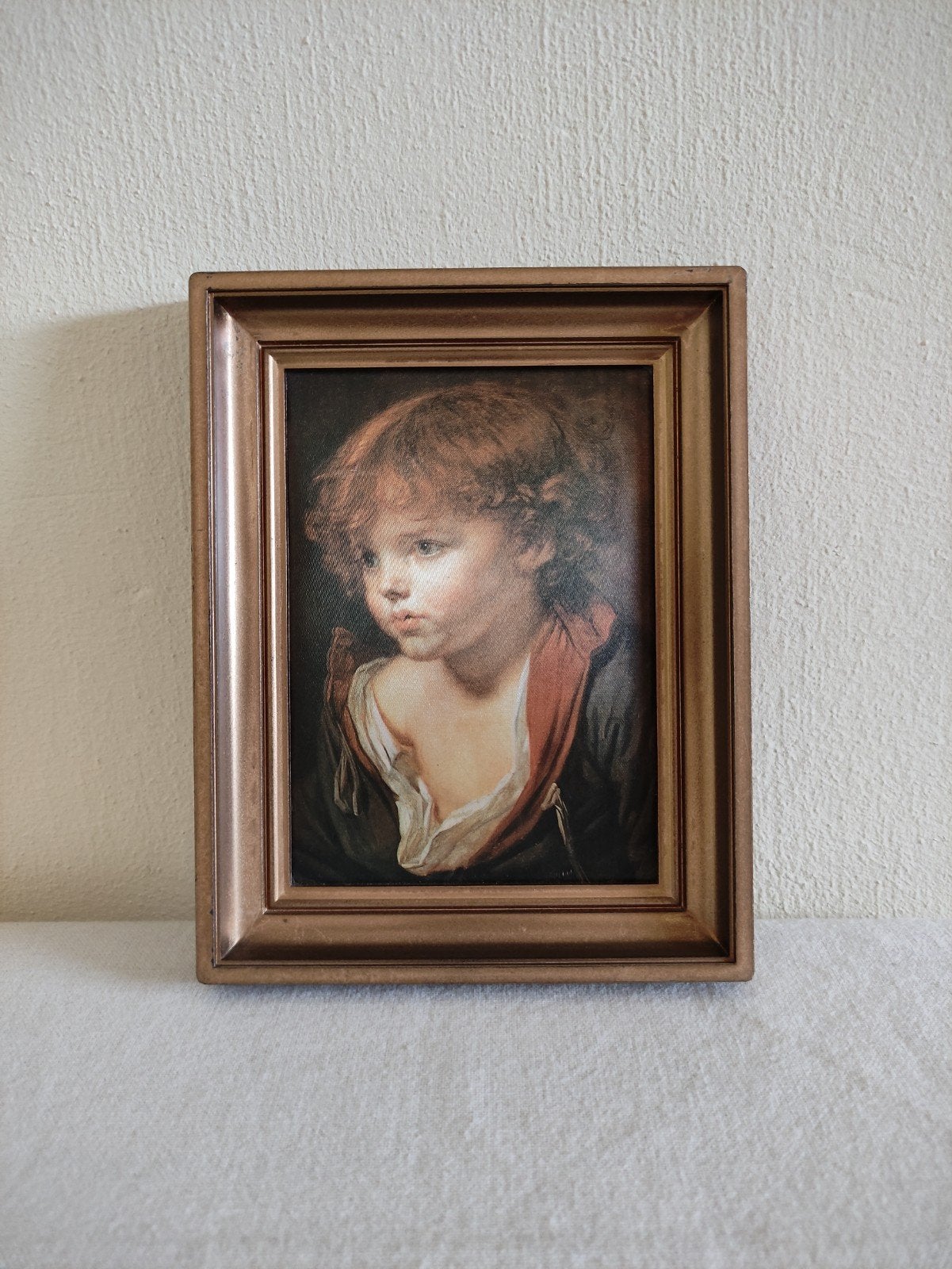 Vintage schilderijtje zeefdruk op zijde/Frankrijk/jongen, Ophalen of Verzenden, Zo goed als nieuw, Minder dan 50 cm, 5 – 50