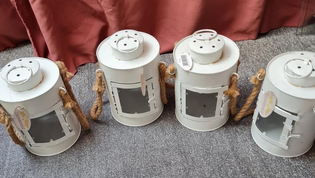 Witte metalen lantaarns met touw handvat, Ophalen of Verzenden