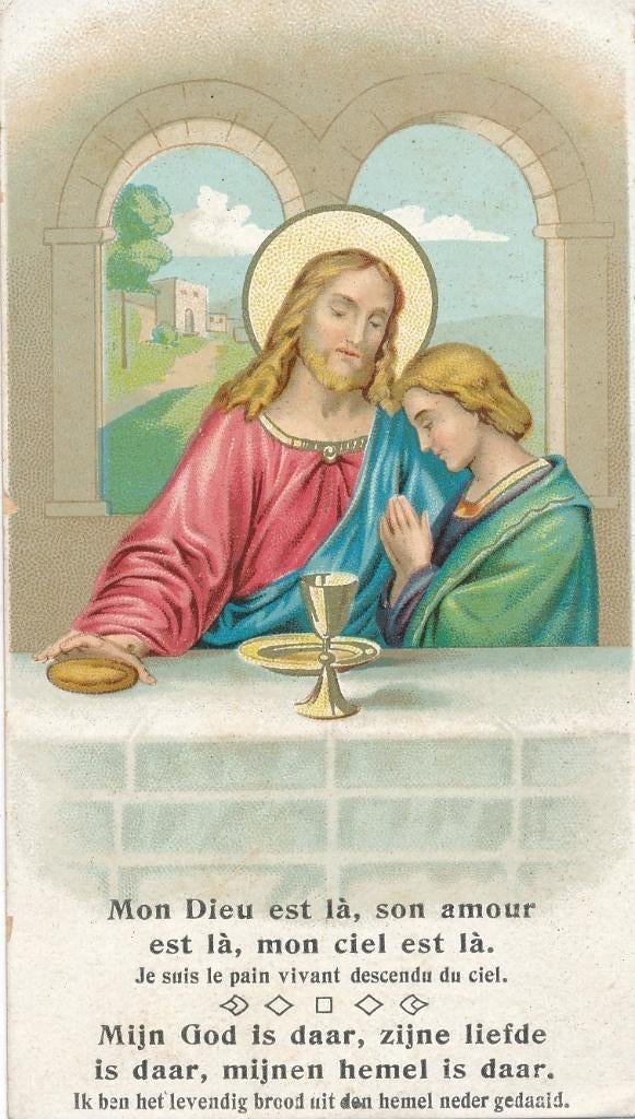 5 oude devotieprentjes Jezus met 1 communicant, Verzenden, Zo goed als nieuw, Kaart of Prent, Christendom | Katholiek