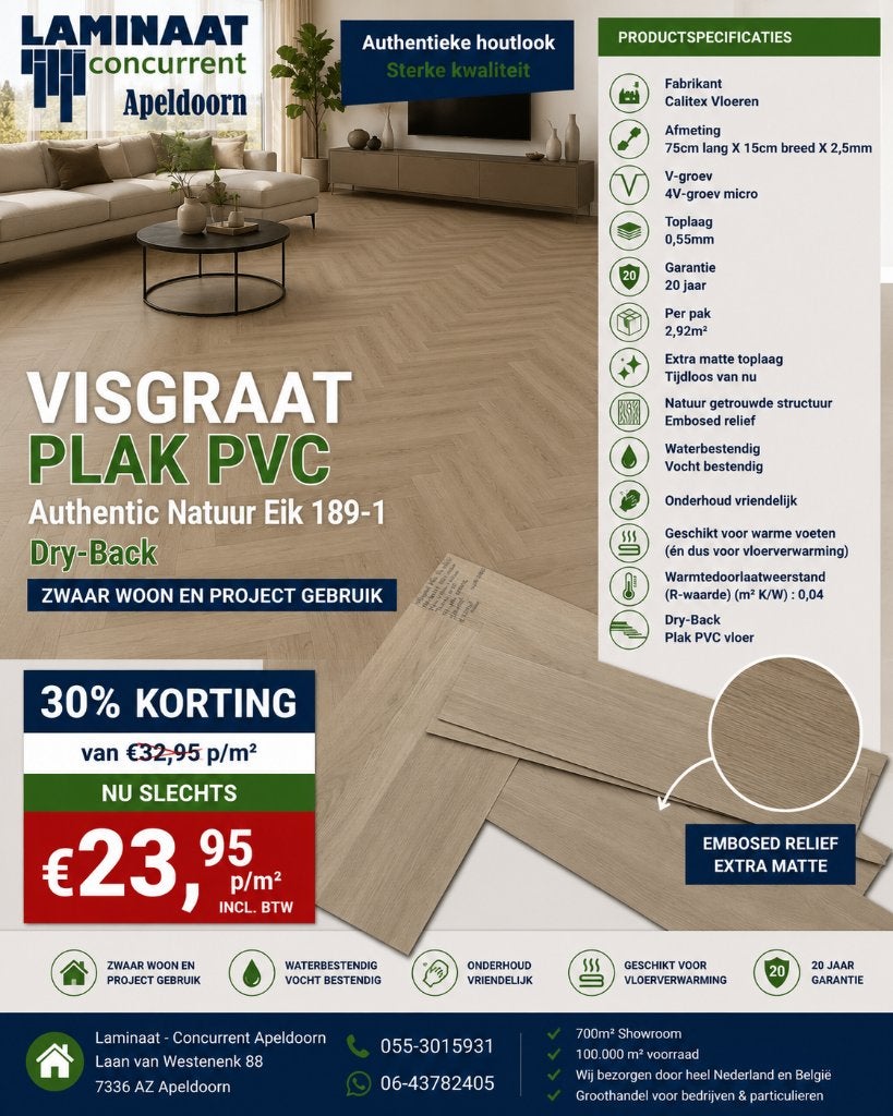 Visgraat Plak Pvc Light Natural 189-1 Toplaag 0,55 €23,95m2, Crème, Visgraat Plak Pvc vloer Dry-back, 75 m² of meer, Nieuw