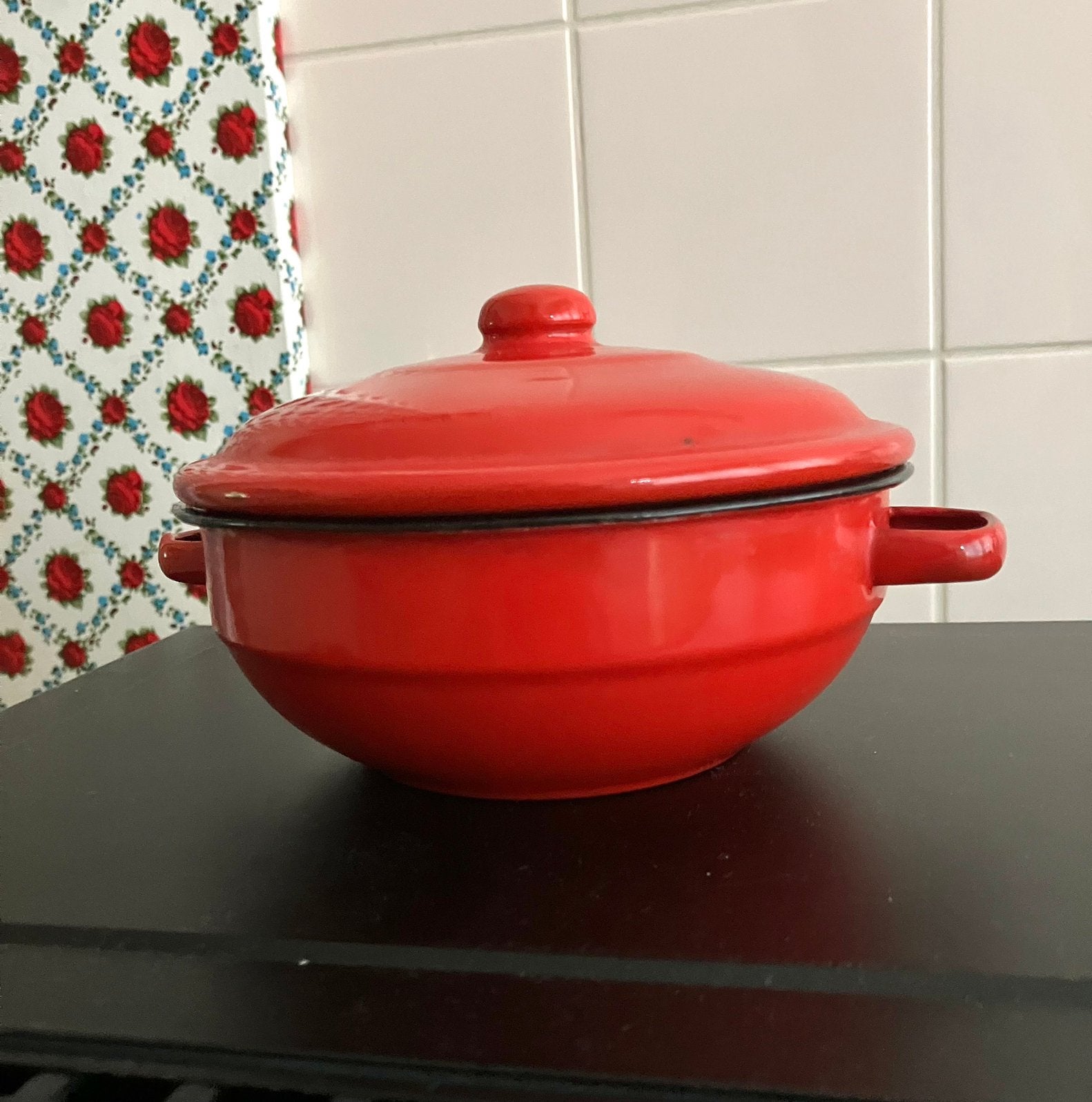 Rood emaille dekschaaltje Ø 14 cm, Ophalen of Verzenden