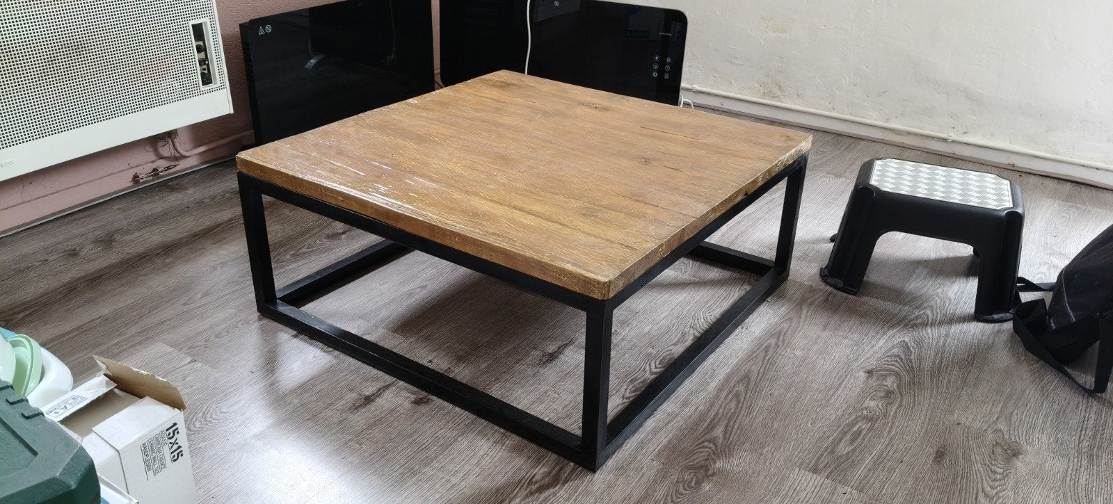 Salontafel 85x85 cm - Hout met metalen onderstel, Ophalen, 50 tot 100 cm, Vierkant, 50 tot 100 cm