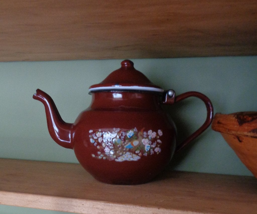 ~ Oud Emaille Bruin Theepotje Bloemetjes Vogeltjes, Antiek en Kunst, Ophalen of Verzenden