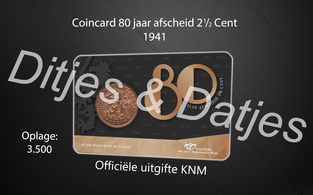 Nederland 80 jaar afscheid 2 1/2 cent in coincard KNM 1941, Ophalen of Verzenden, Koningin Beatrix, Euro's