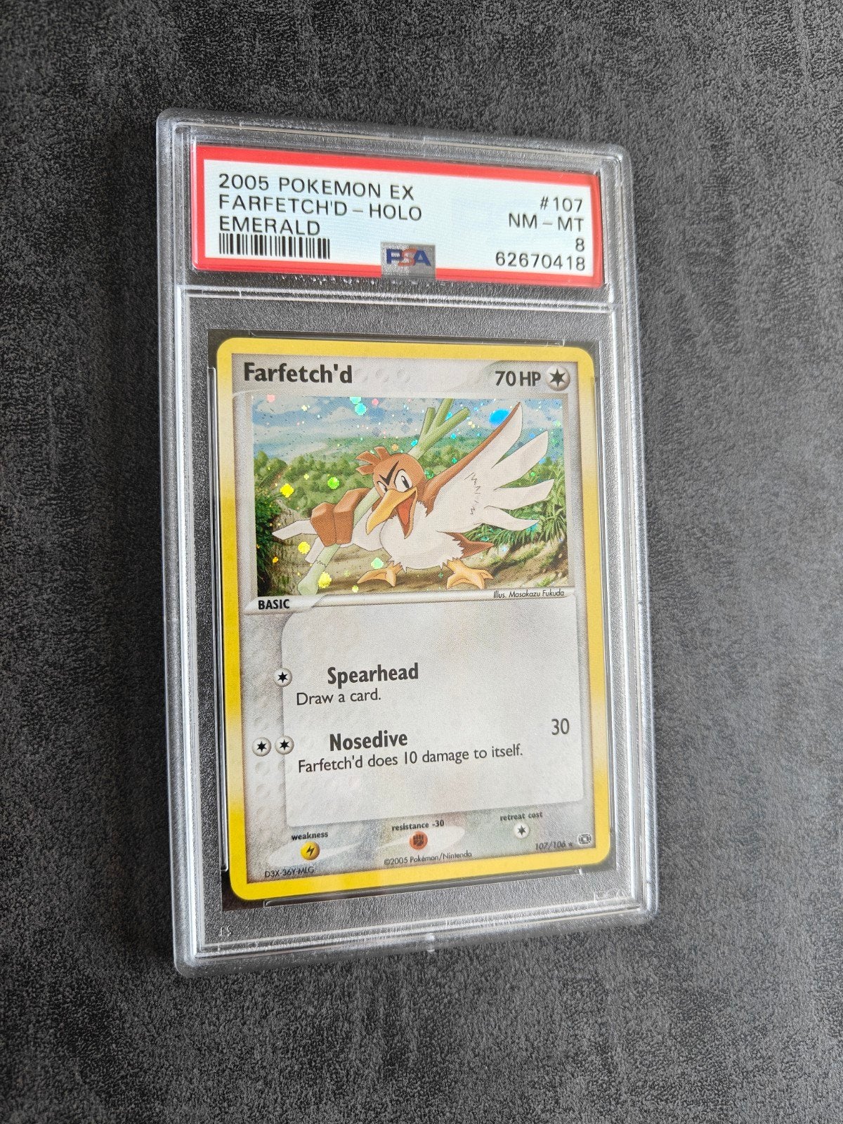 Farfetch'd Holo EX Emerald PSA 8 Pokémon Kaart, Ophalen of Verzenden, Zo goed als nieuw, Losse kaart, Foil