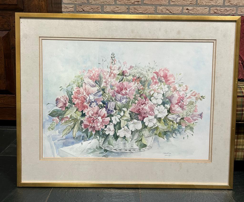 Aquarel bloemenmand - gesigneerd Coraline '87, Antiek en Kunst, Ophalen