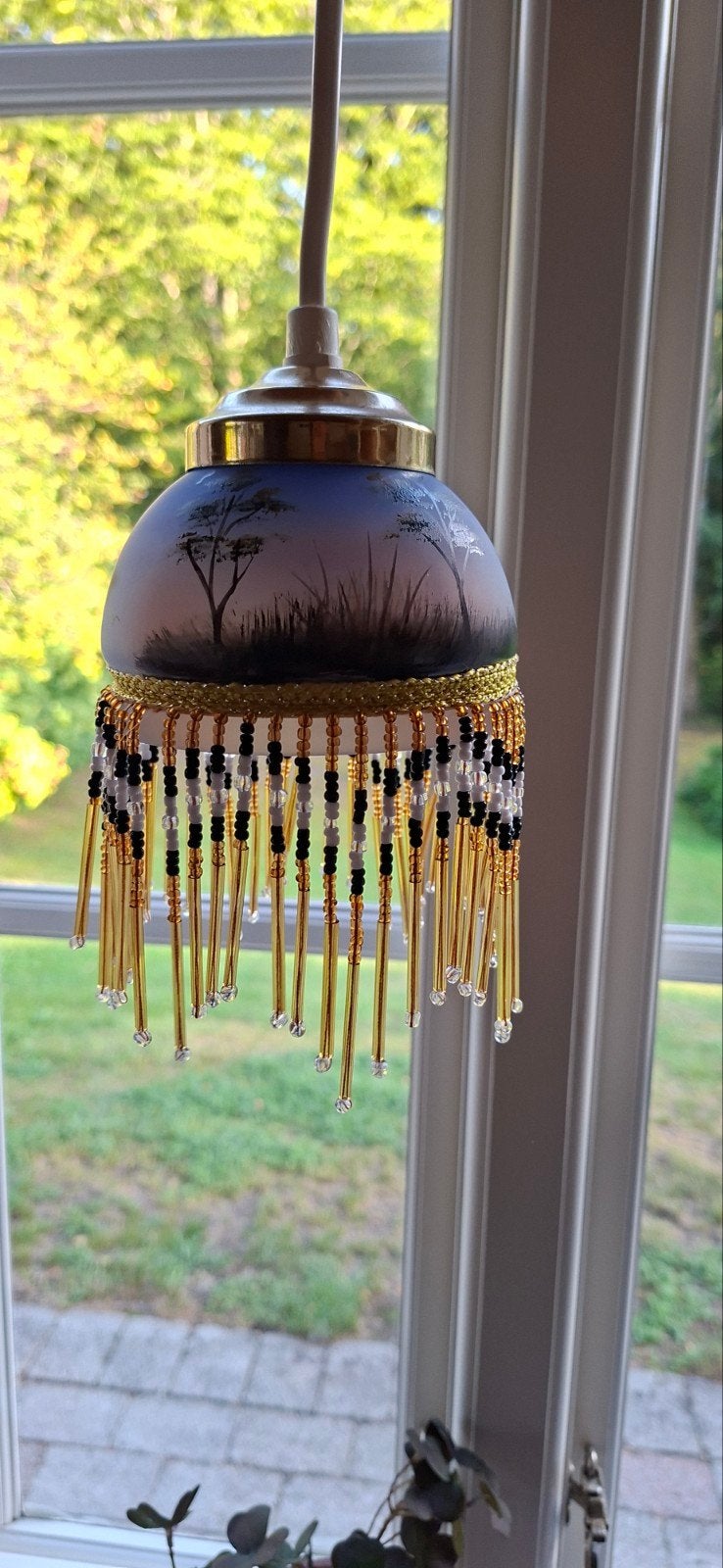 vintage mooi hanglampje, beschilderd glas, kralen,., Ophalen of Verzenden, Glas