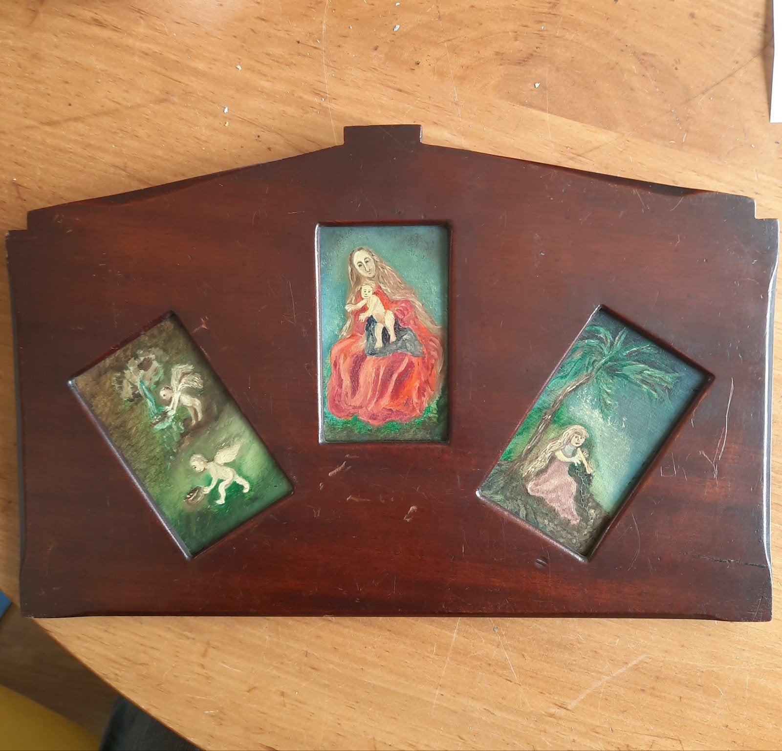 Antiek Driedelig Arts and Crafts Tableau Olieverf Engeland