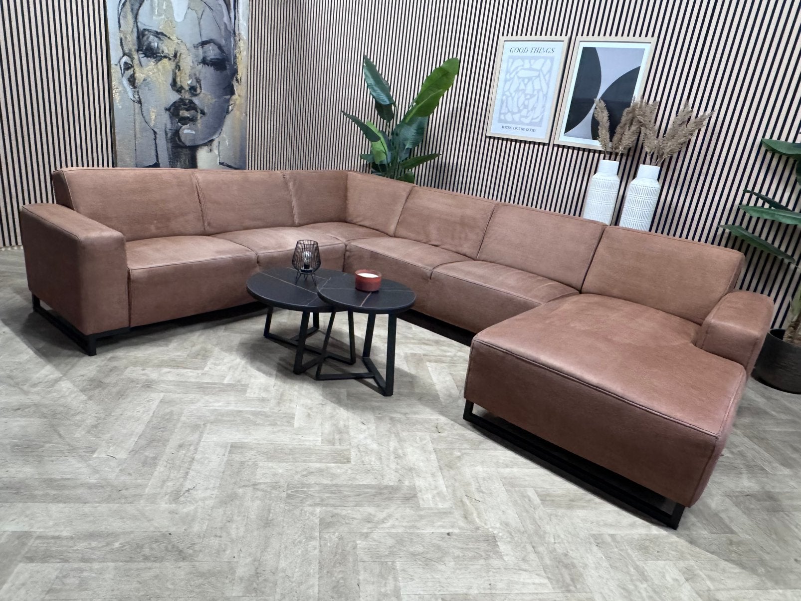 Moderne Industriële Cognac U-Bank / Hoekbank - 340cm