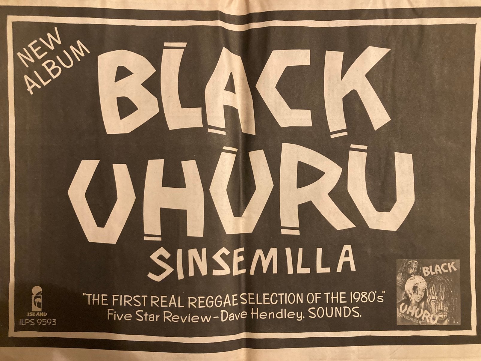 Paginagrote A3 advertentie BLACK UHURU Sinsemilla release, Cd's en Dvd's, Ophalen of Verzenden, Gebruikt