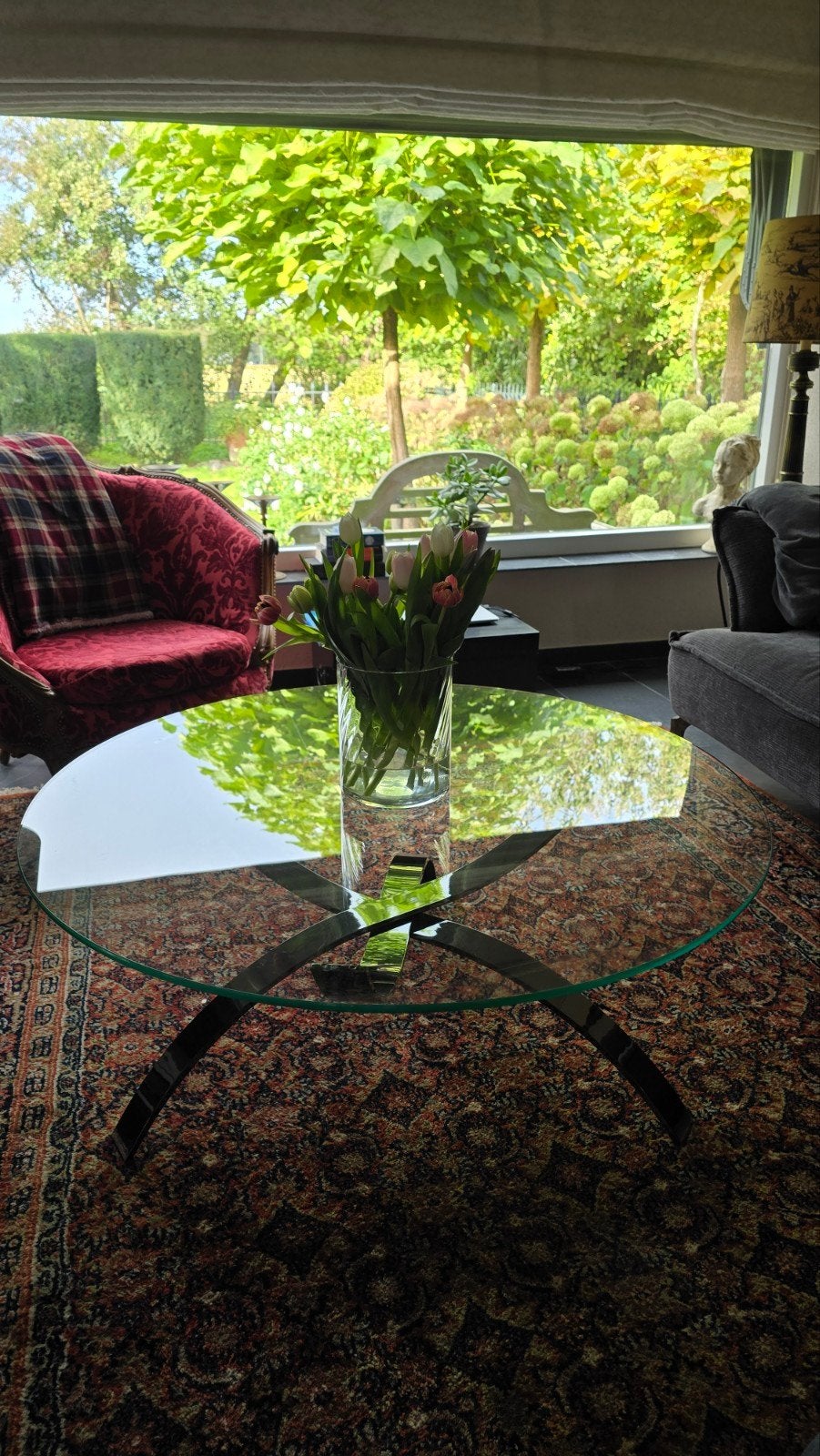 Bijzondere vintage design salontafel – zwaar chroom & glas, Ophalen, Rond, 100 tot 150 cm, 100 tot 150 cm
