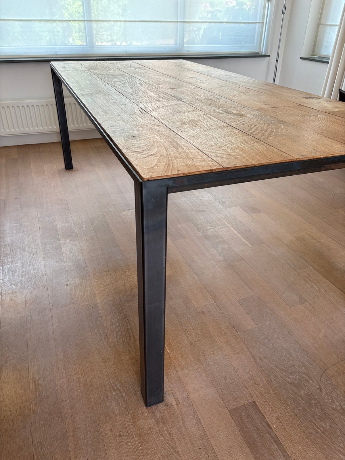 Eettafel met eiken wagonplanken 2.18x1.00 m (425 euro), Ophalen, Gebruikt, 100 tot 150 cm, Eikenhout