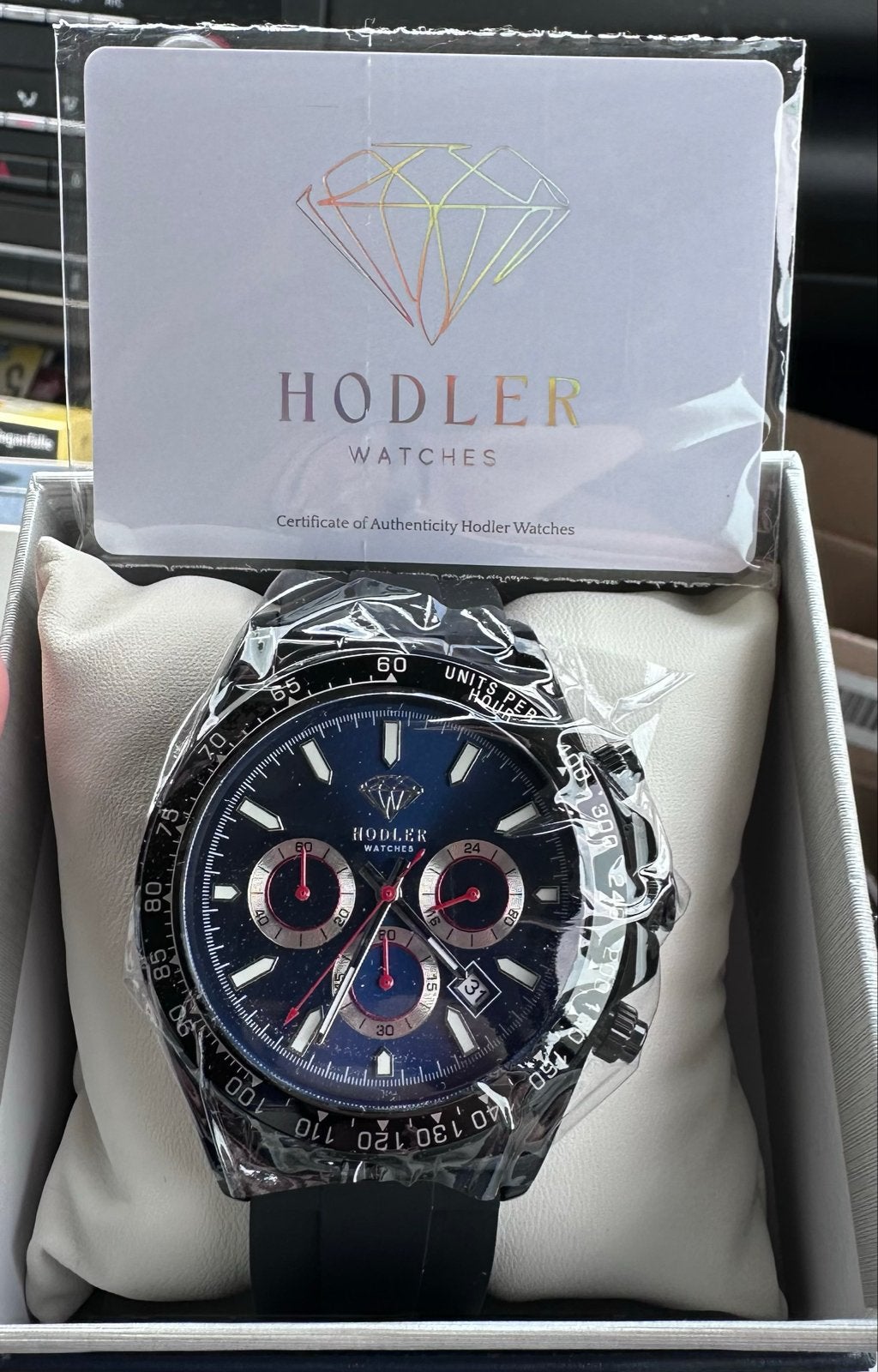 Hodler Vernier Horloge Zwart Blauw met Echtheidscertificaat, Overige materialen, Polshorloge, Nieuw, Kunststof