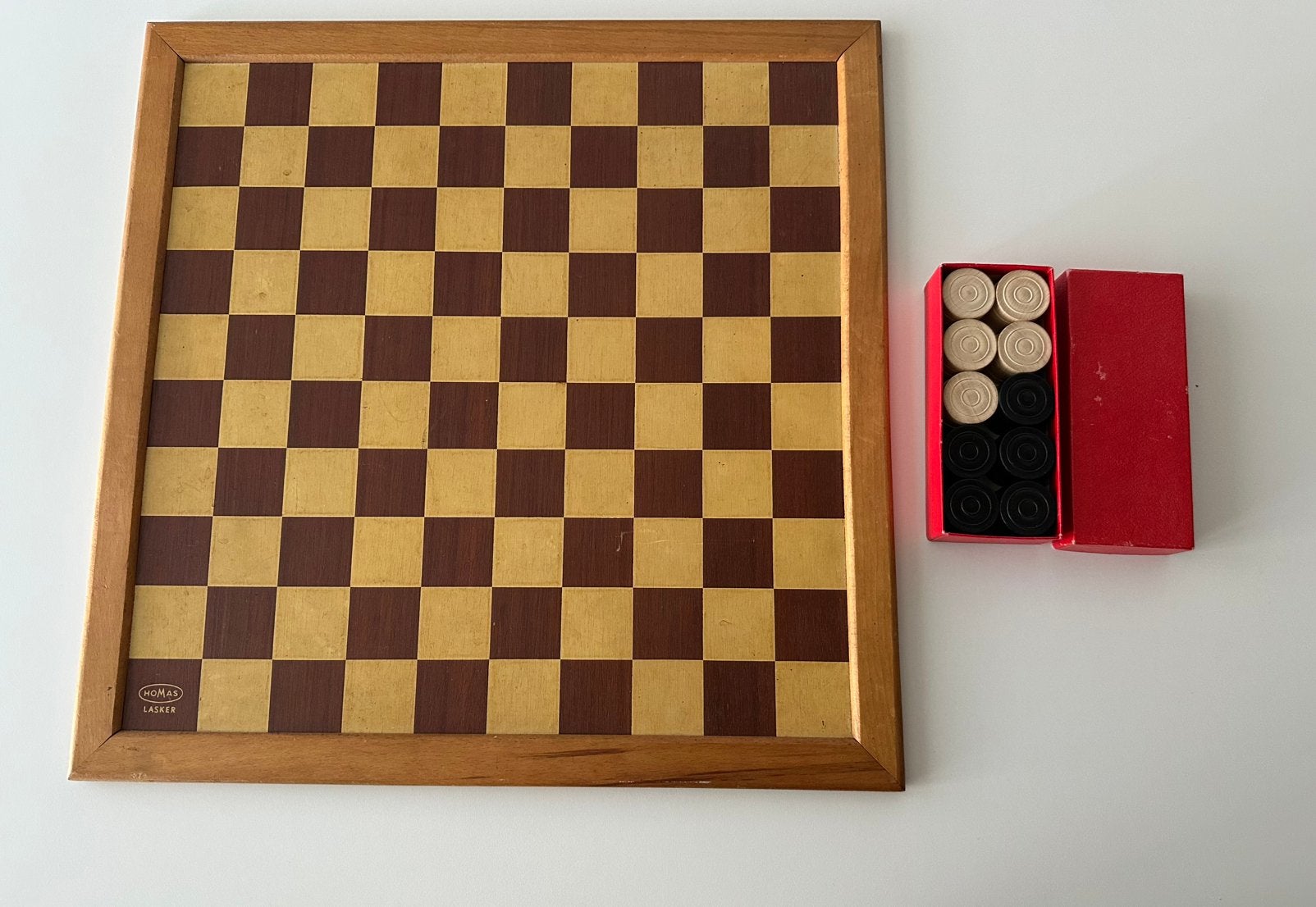 vintage Homas Lasker houten schaakbord / dambord +!damstenen, Ophalen of Verzenden, Zo goed als nieuw