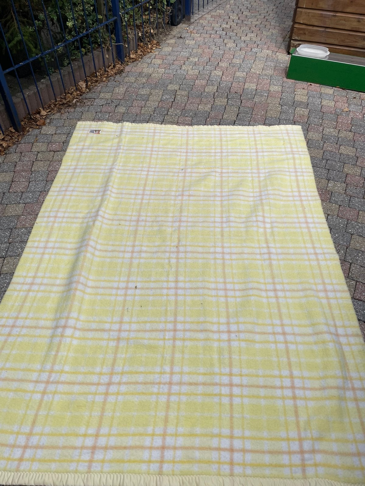 Vinrage retro wollen deken geel, Woondeken, Wol, 214 cm, 150 cm
