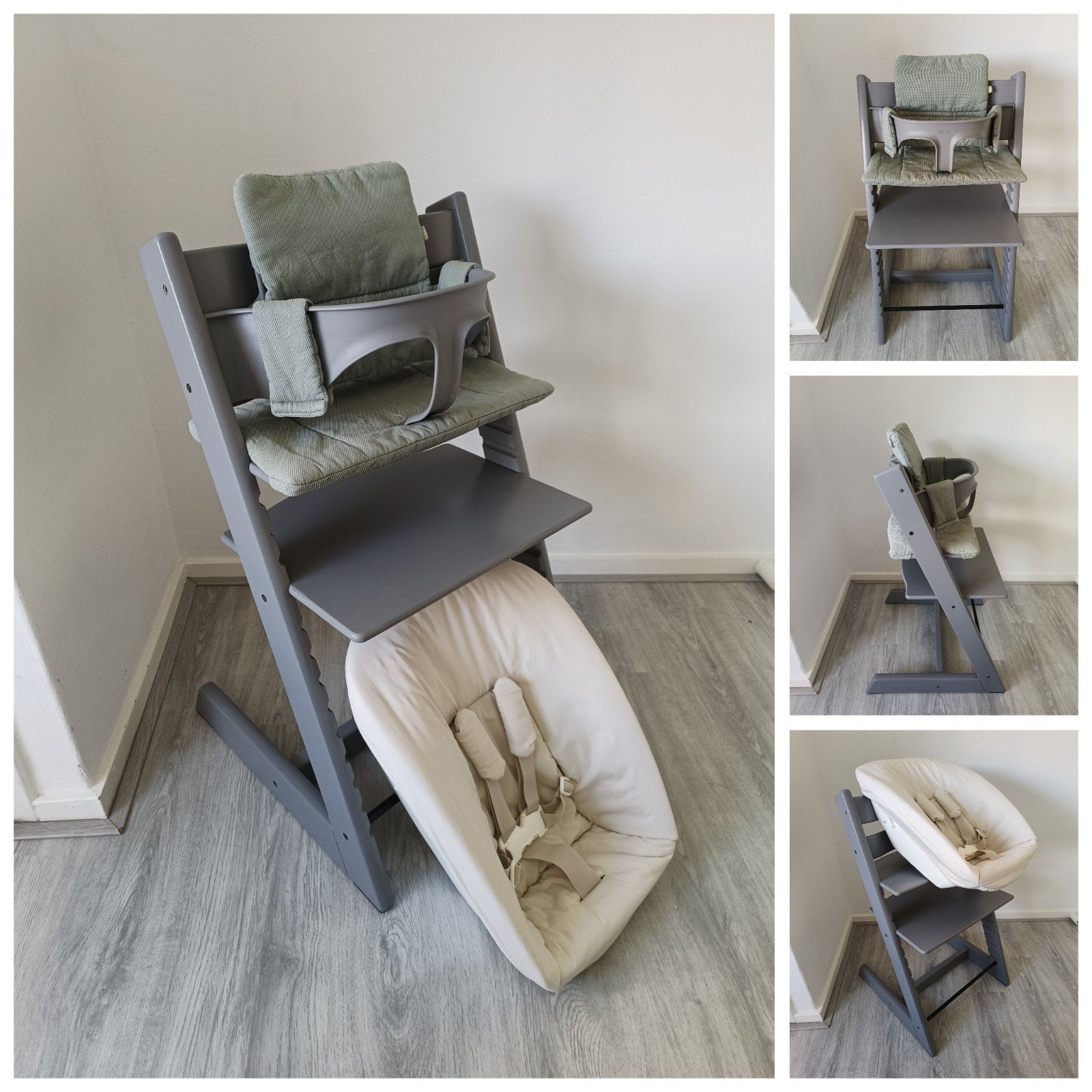 Stokke Tripp Trapp storm grey+babyset, kussenset, newbornset, Kinderen en Baby's, Meegroeistoel, Ophalen of Verzenden, Zo goed als nieuw