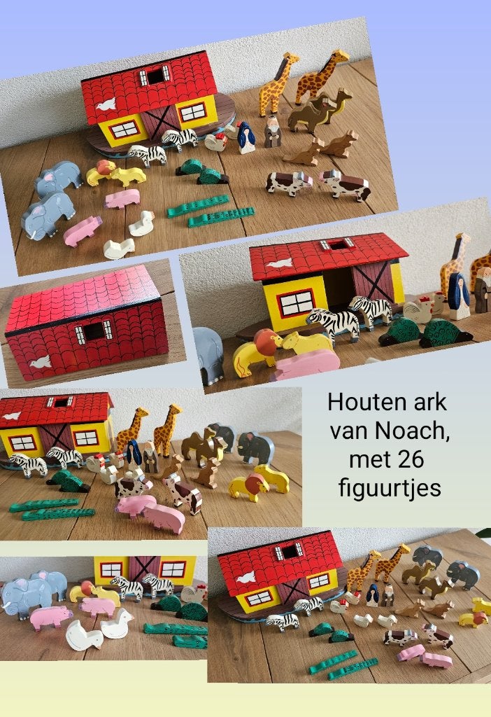 Ark van Noach boot met 24 dieren, man, vrouw, alles hout !, Ophalen of Verzenden, Zo goed als nieuw, Overige typen